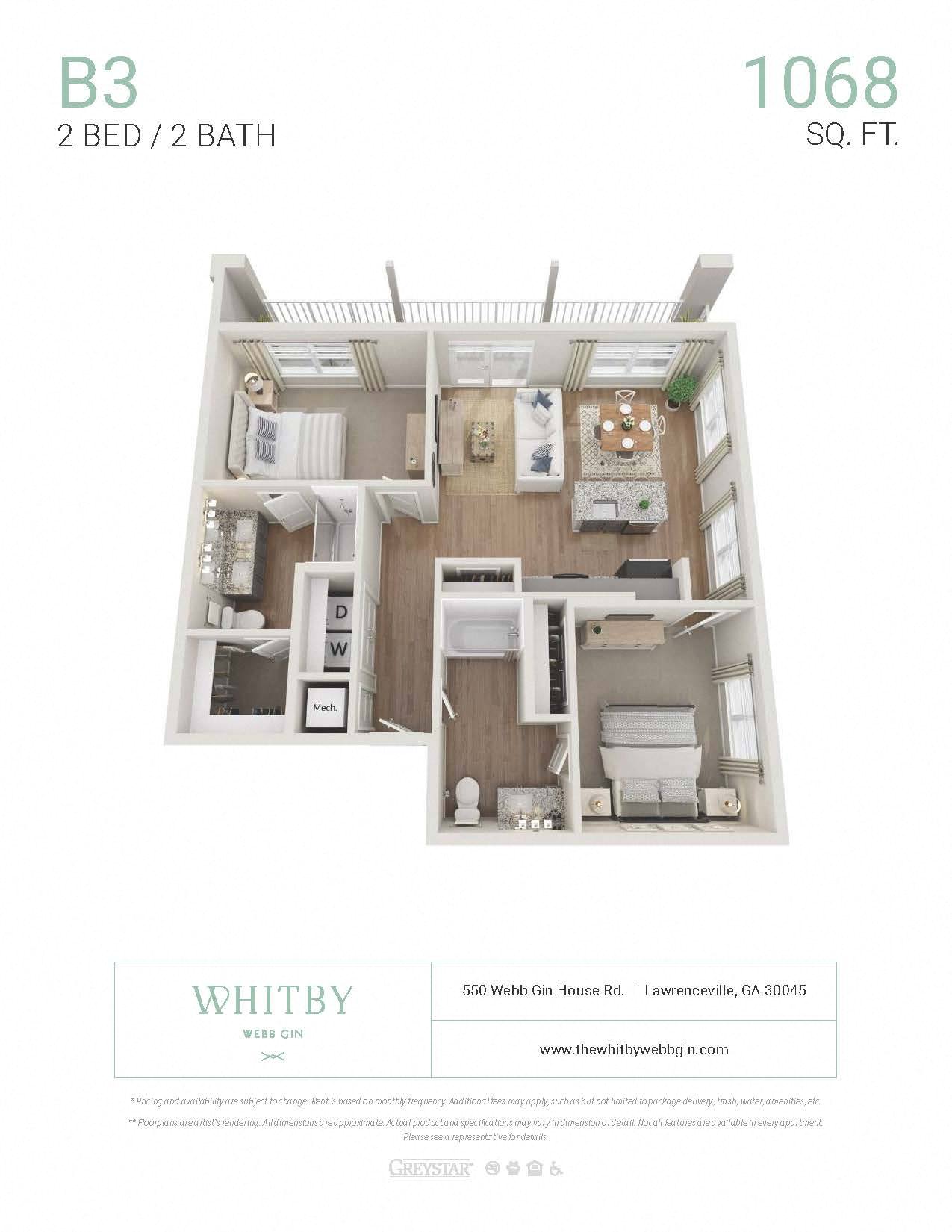 Floor plan for 2 beds, 2 baths, 1068 sqft